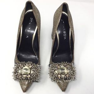 STRATEGIA GOLD HEELS WITH EMBELLISHED BUCKLE